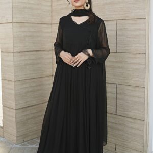 Black crinkle chiffon angrakha frock with moti lace neckline and dupatta, front view