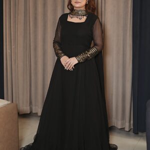 Black crinkle chiffon flared frock with sitara cuffs and beaded-neck dupatta, front view