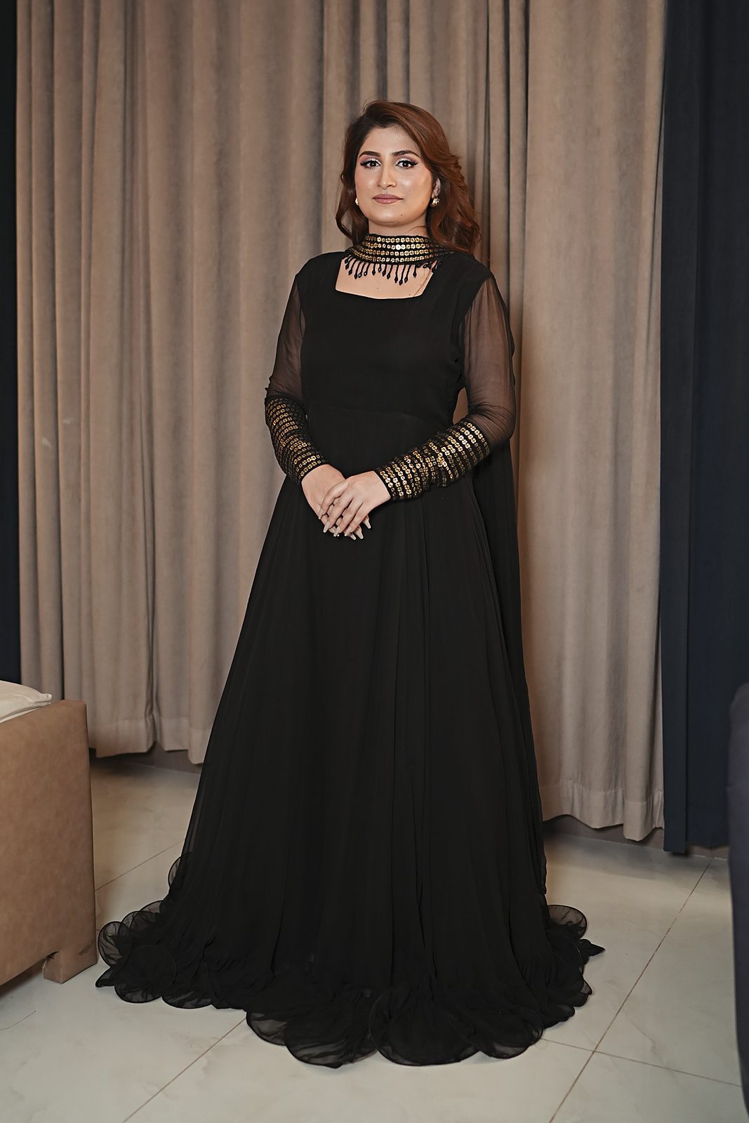 Black crinkle chiffon flared frock with sitara cuffs and beaded-neck dupatta, front view