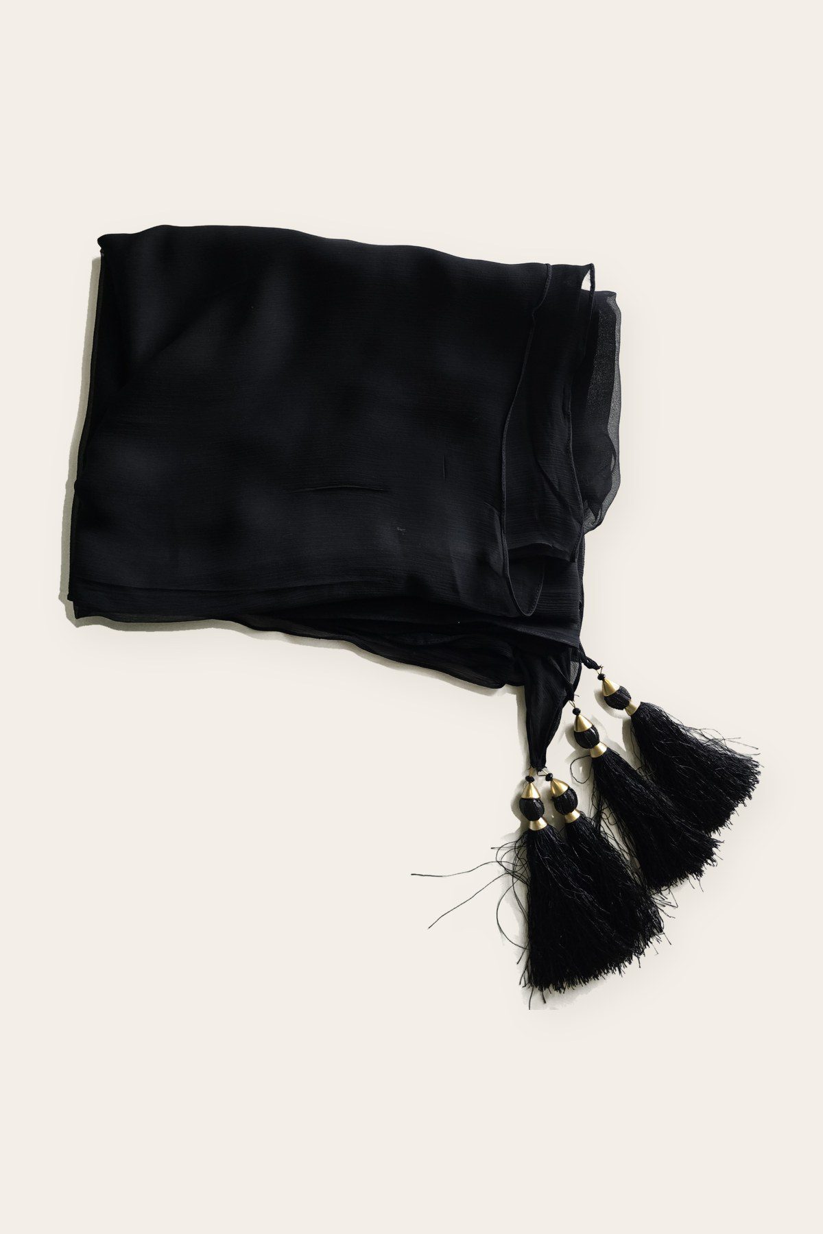 Black crinkle dupatta with resham tassels by Éléganza