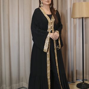 Black Russian silk open gown with gold cutdana borders, front view