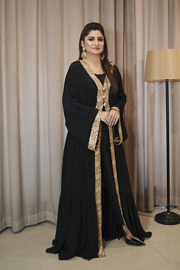 Lumière: 3-Piece Russian Silk Cutdana Open Gown with Blouse and Capri