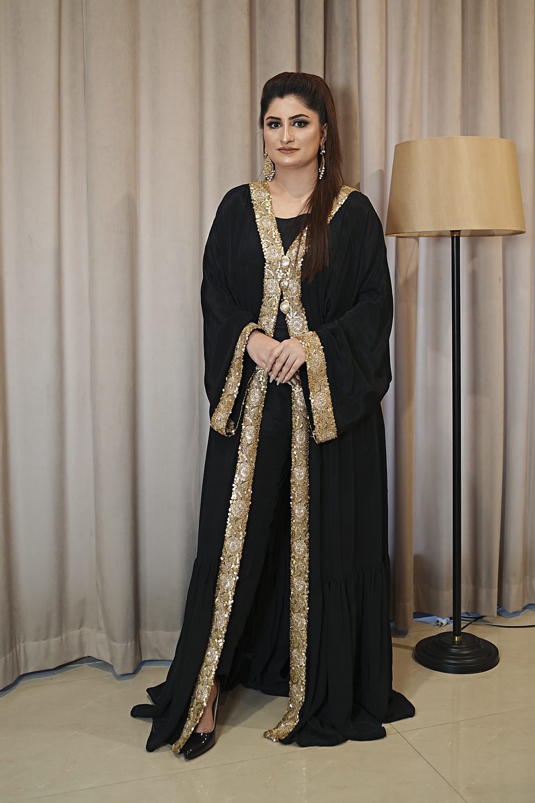 Lumière: 3-Piece Russian Silk Cutdana Open Gown with Blouse and Capri - Image 4
