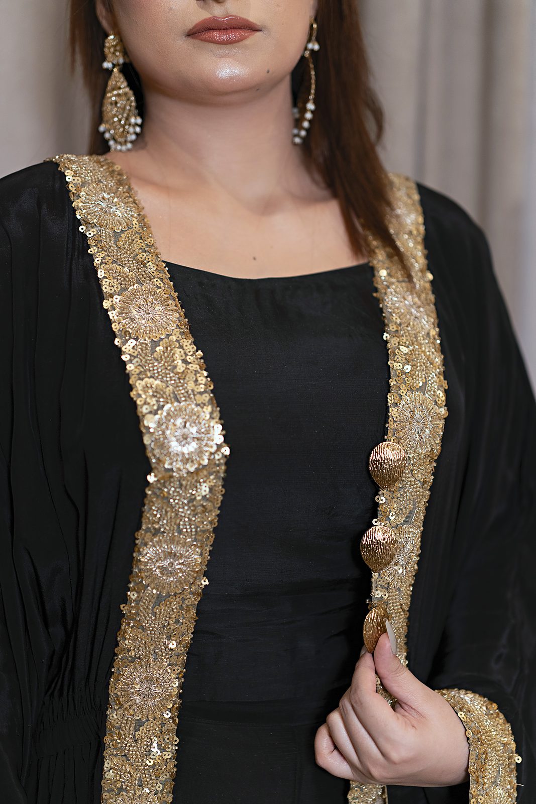 Lumière: 3-Piece Russian Silk Cutdana Open Gown with Blouse and Capri - Image 7