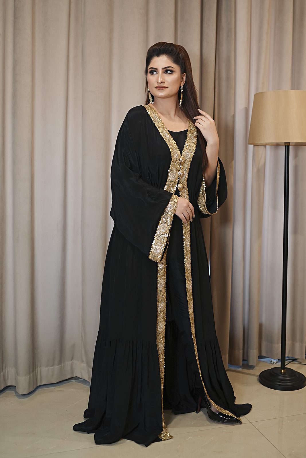 Lumière: 3-Piece Russian Silk Cutdana Open Gown with Blouse and Capri - Image 8
