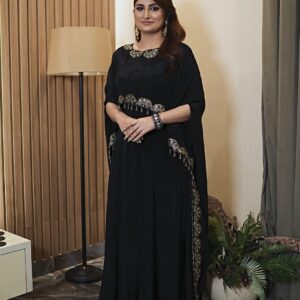 Black Russian silk cape dress with D lace borders and grey and gold moti fringe, front view