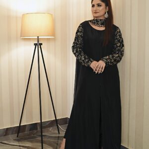Black A-line silk shirt with cutdana sleeves and beaded-neck dupatta, front view