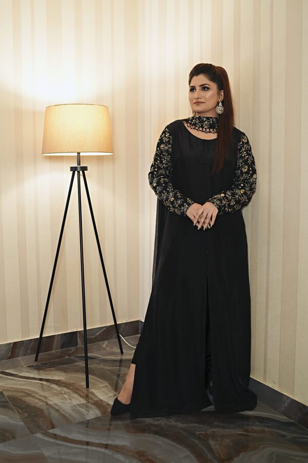 Nazakat: 3-Piece Cutdana-Sleeve A-Line Silk Shirt with Beaded-Neck Dupatta