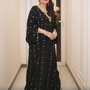 Black Thai silk floor-length kaftan with gold sequin booti and kora dabka embroidered neckline, front view
