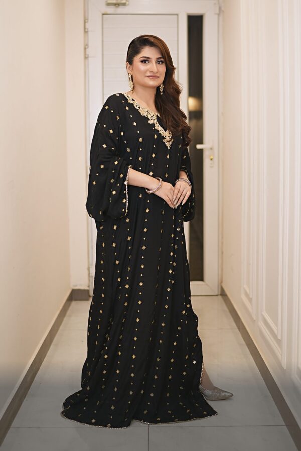 Luciole: Thai Silk Sequin-Booti Kaftan with Kora Dabka Neckline
