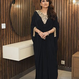 Black Russian silk floor-length kaftan with handmade gold lace V-neckline, front view