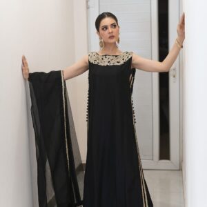 Black Éléganza Matka Silk A-line shirt with hand-embroidered gold boat neckline, palazzo and organza dupatta, front view