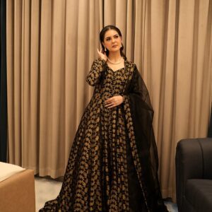 Black and gold Jamawar anarkali with organza dupatta, front view