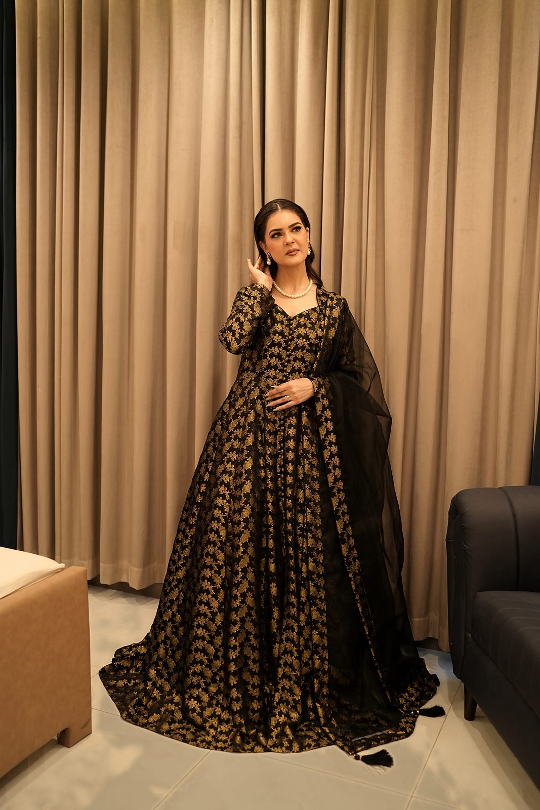 Black and gold Jamawar anarkali with organza dupatta, front view