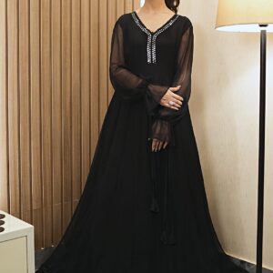 Black crinkle anarkali frock with mirror lace V-neckline and full can-can flare, front view