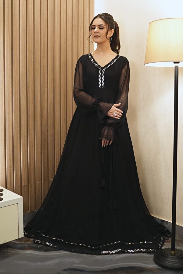 Raqs: Crinkle Anarkali Frock with Mirror Lace V-Neckline and Can-Can