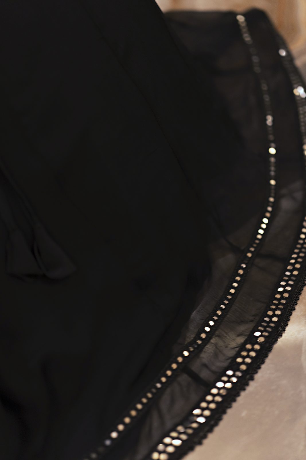 Black crinkle anarkali frock with mirror lace V-neckline, view 10