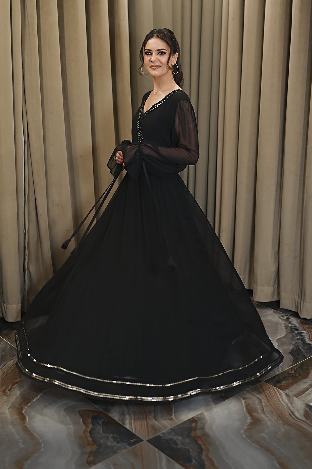 Black crinkle anarkali frock with mirror lace V-neckline, view 11