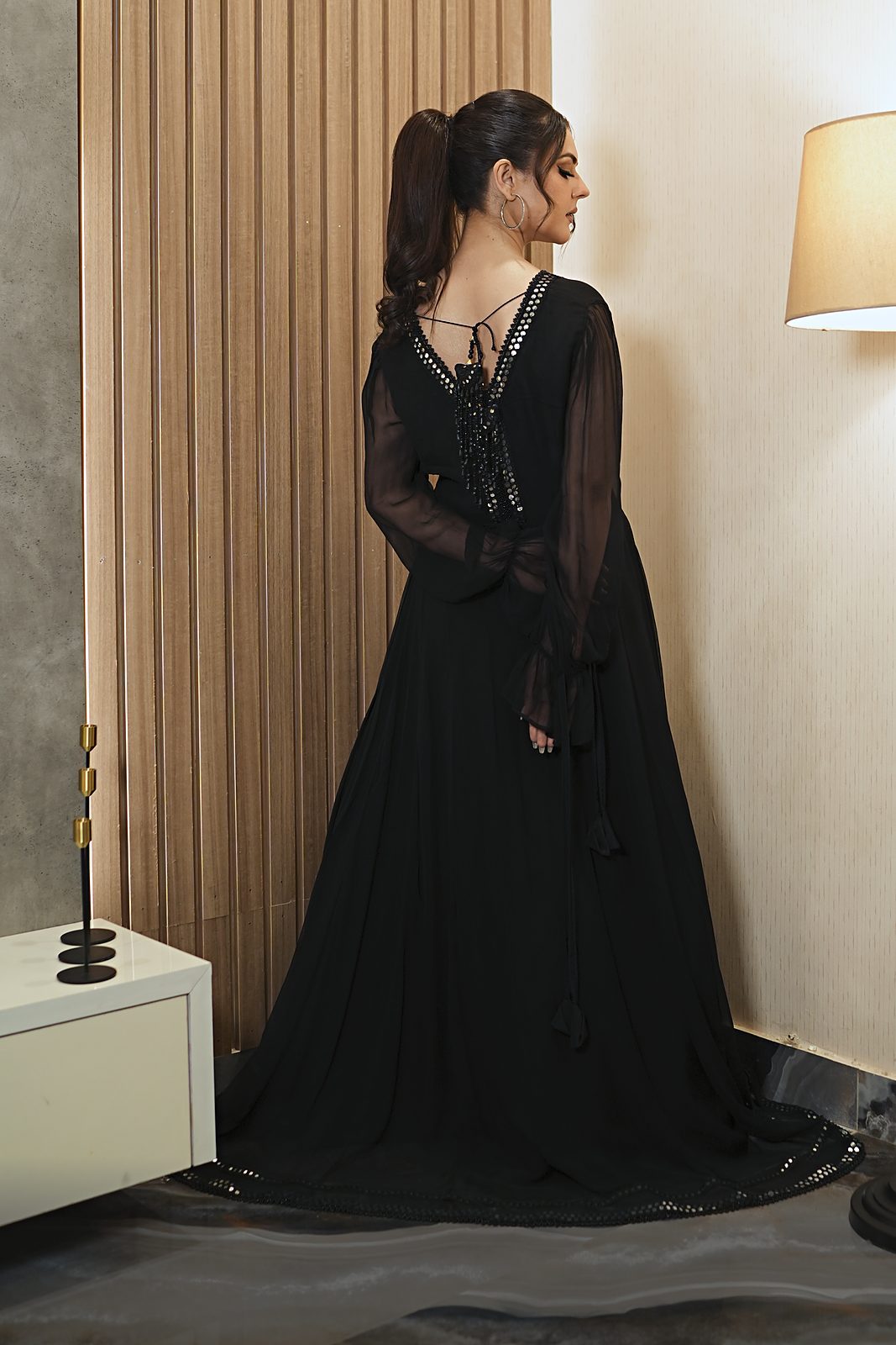 Black crinkle anarkali frock with mirror lace V-neckline, view 12