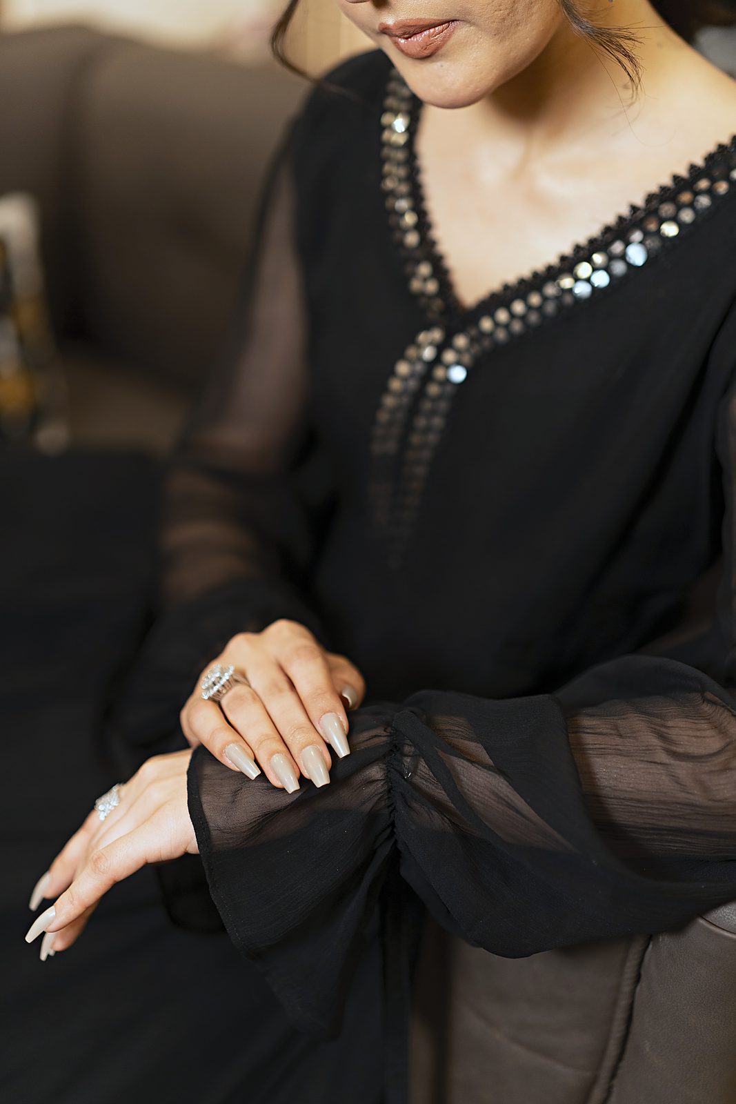 Black crinkle anarkali frock with mirror lace V-neckline, view 13