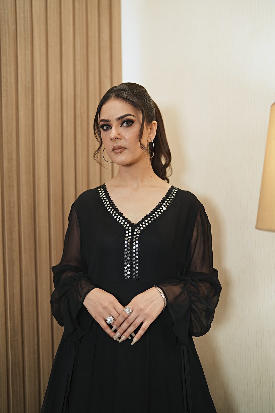 Black crinkle anarkali frock with mirror lace V-neckline, view 2