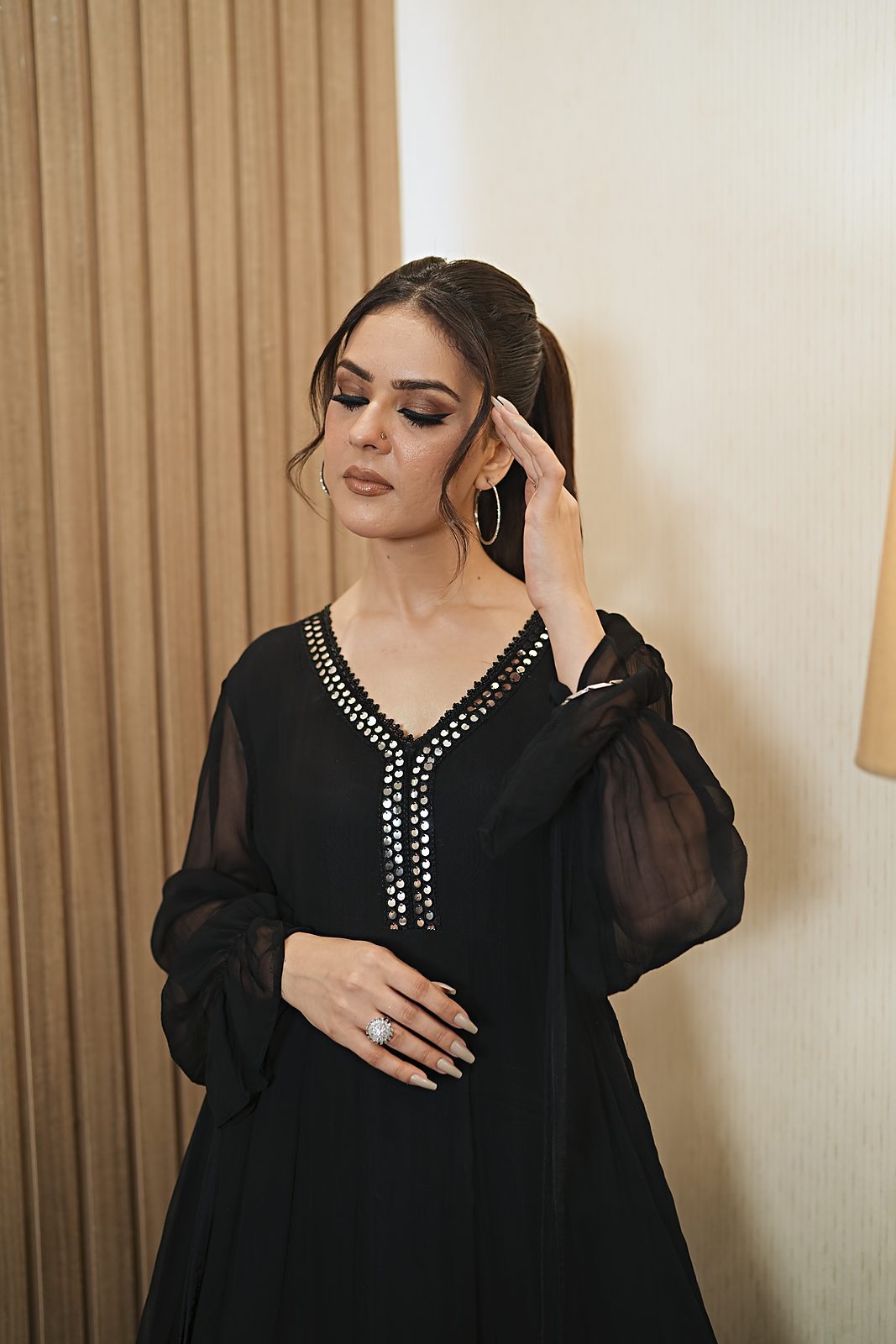 Black crinkle anarkali frock with mirror lace V-neckline, view 7
