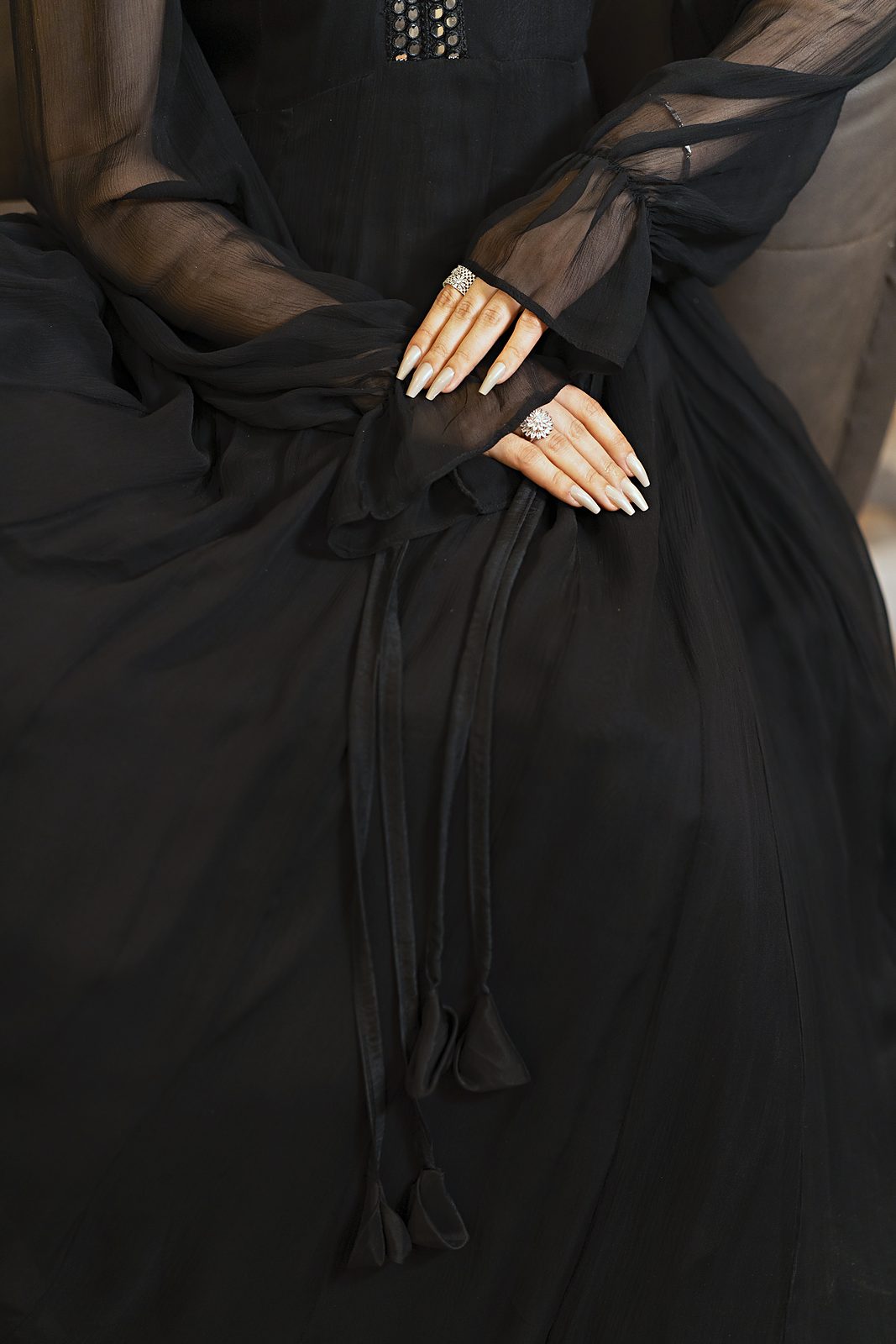 Black crinkle anarkali frock with mirror lace V-neckline, view 9