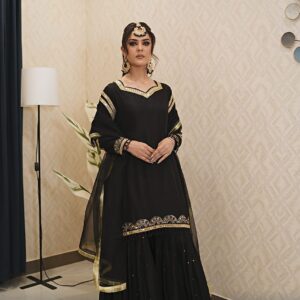 Black Éléganza Silk short shirt gharara set with mirror lace and organza dupatta, front view