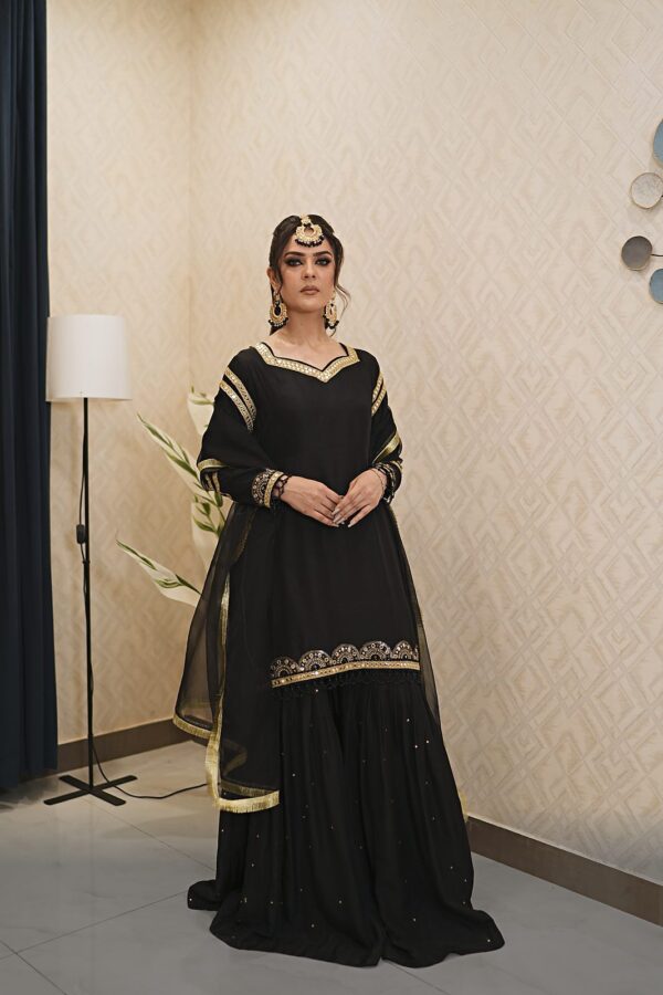 Aaina: 3-Piece Éléganza Silk Mirror Lace Short Shirt Gharara Set