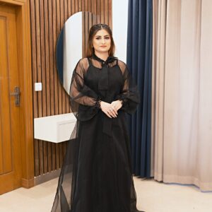 Black organza overlay gown with bow neck and balloon sleeves over a strappy Russian silk maxi, front view
