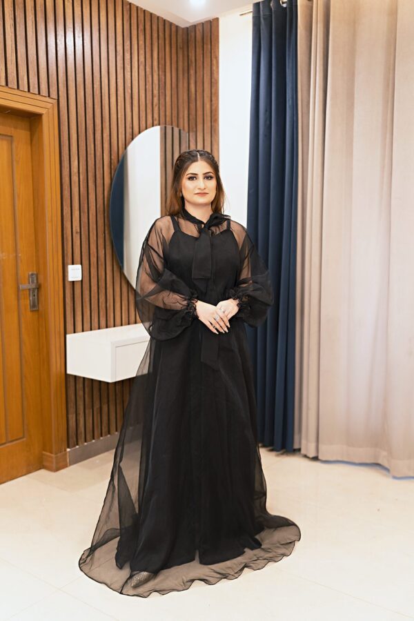 Ombre: 2-Piece Organza Overlay Gown with Bow Neck and Balloon Sleeves