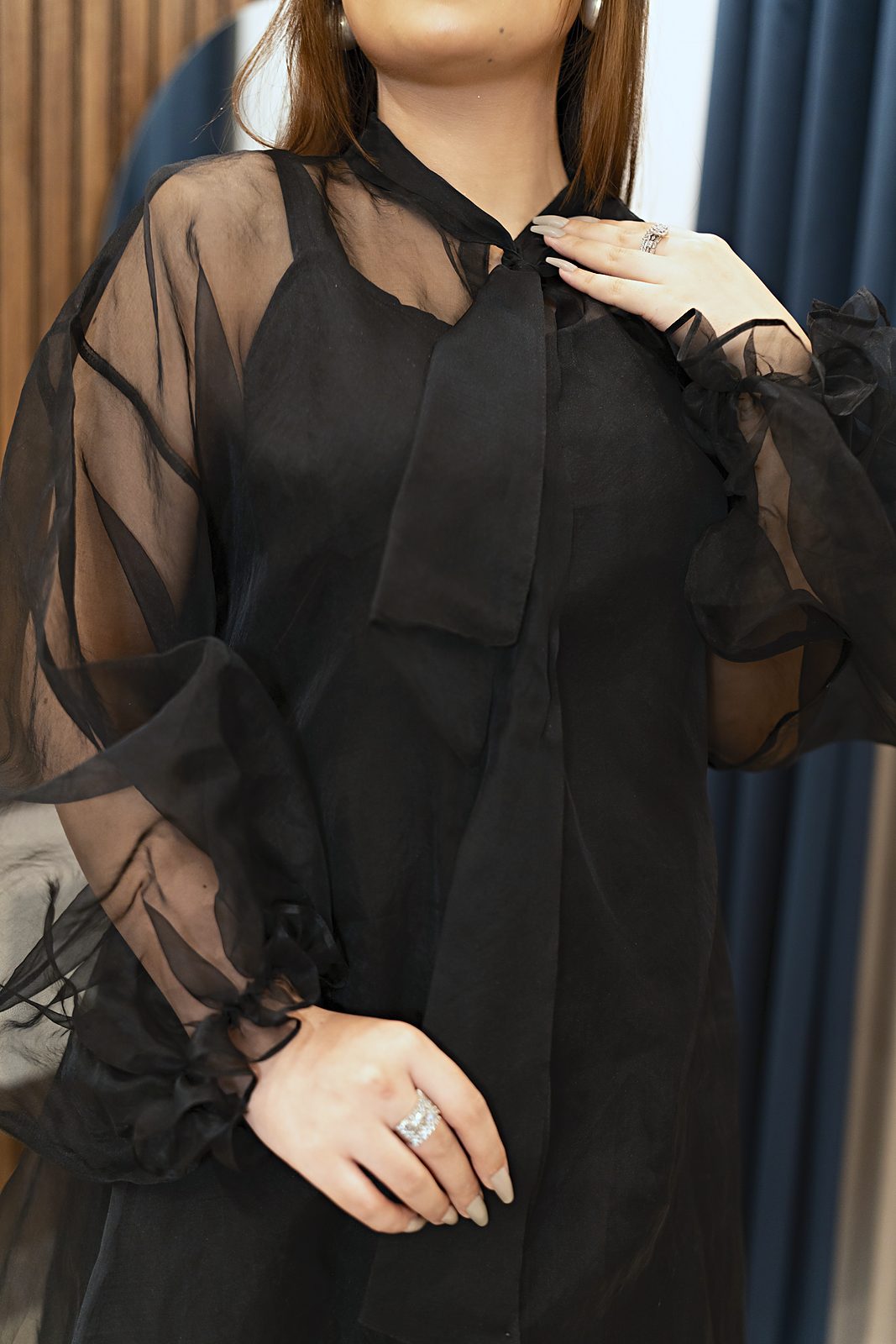Black organza overlay gown with bow neck and balloon sleeves, view 10