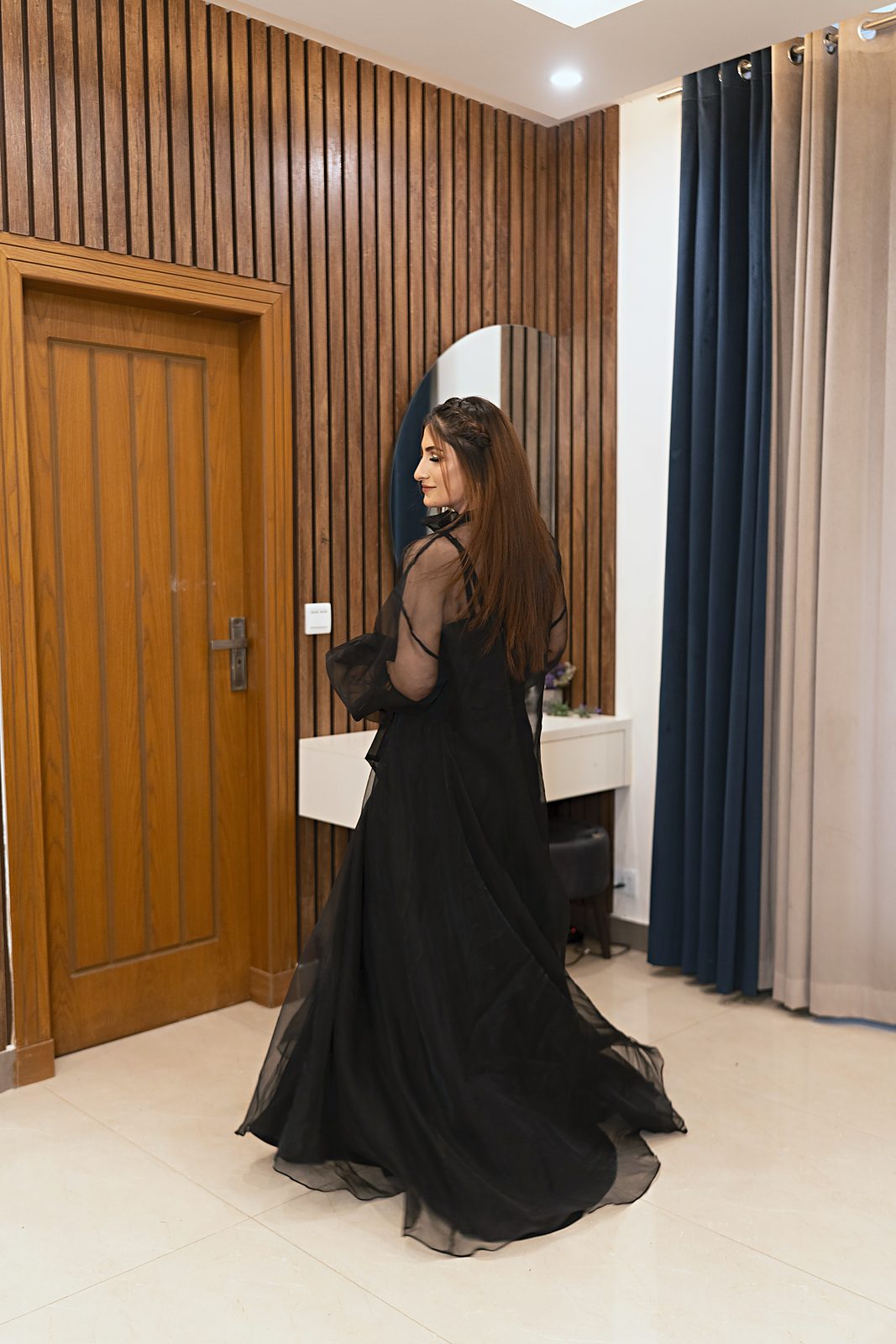 Black organza overlay gown with bow neck and balloon sleeves, view 12