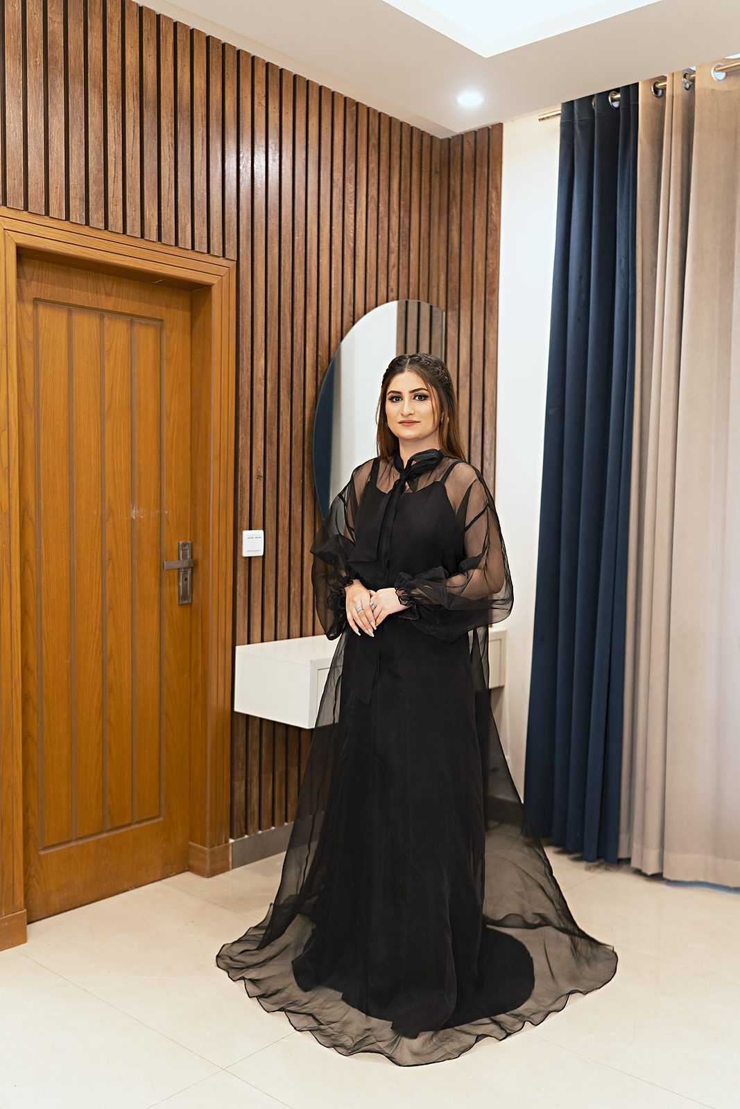 Black organza overlay gown with bow neck and balloon sleeves, view 13