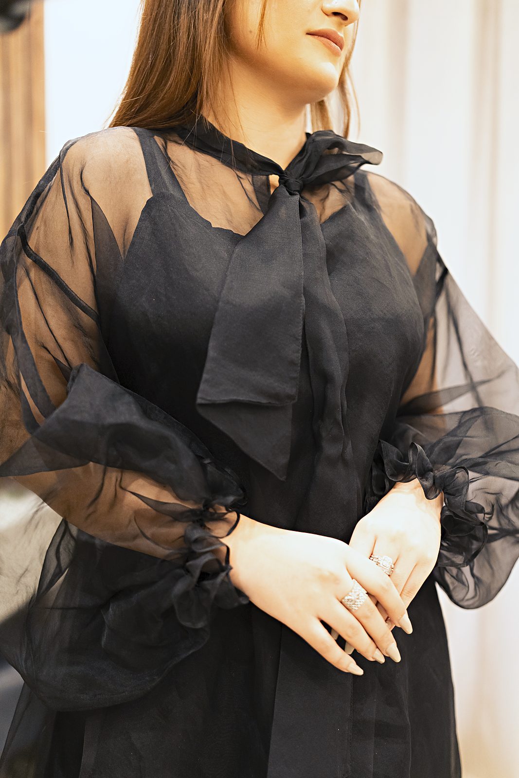 Black organza overlay gown with bow neck and balloon sleeves, view 2