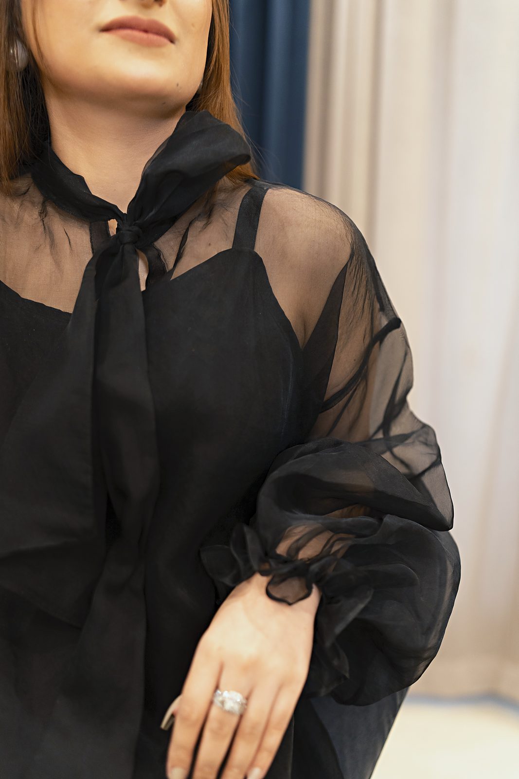Black organza overlay gown with bow neck and balloon sleeves, view 6