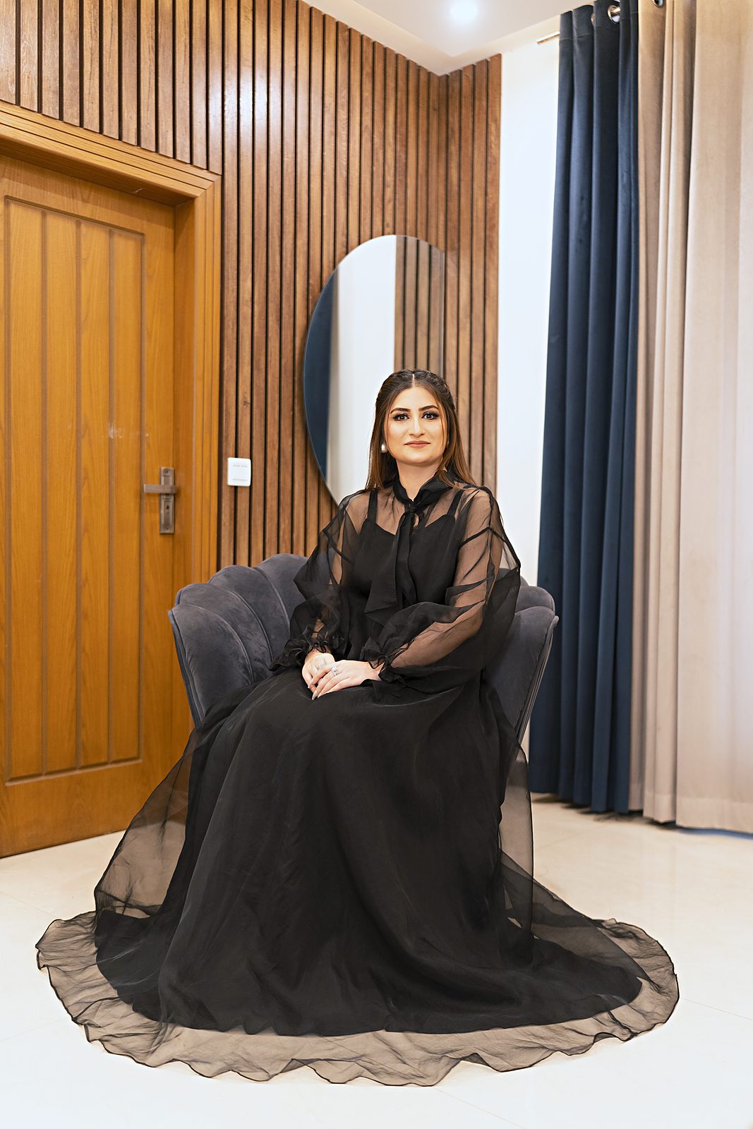 Black organza overlay gown with bow neck and balloon sleeves, view 8
