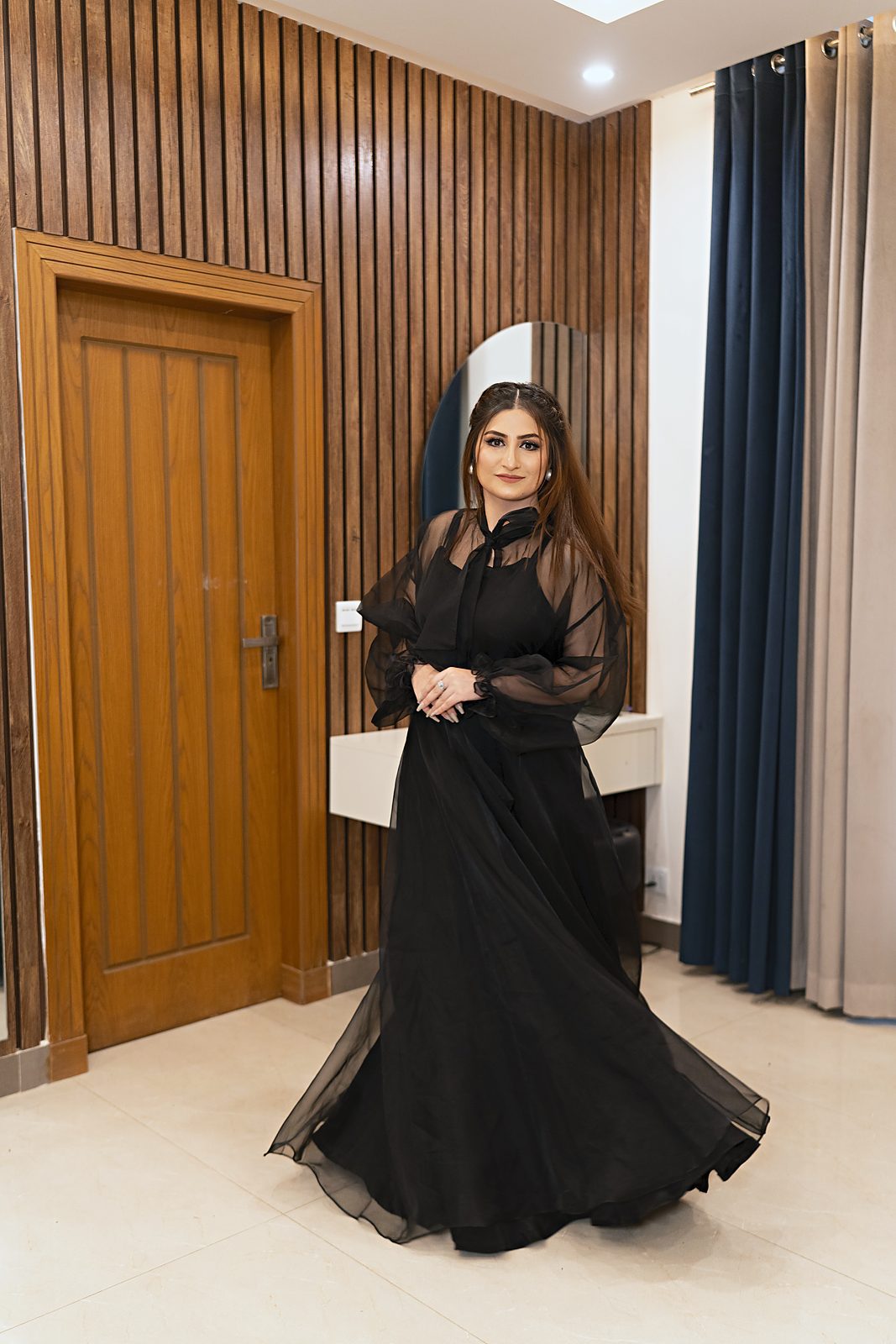 Black organza overlay gown with bow neck and balloon sleeves, view 9