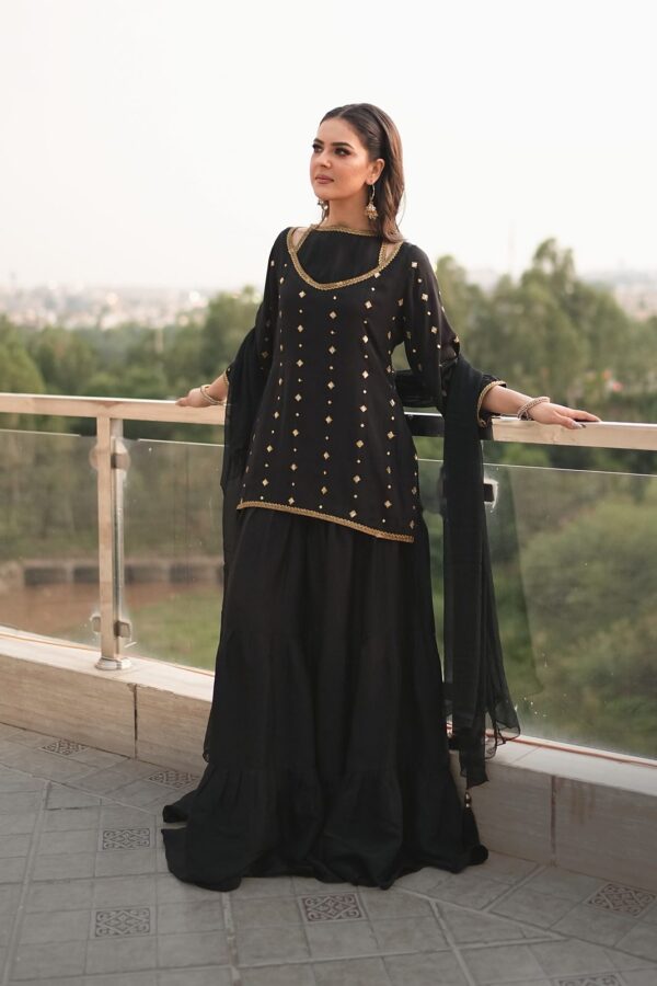 Raunaq: 3-Piece Thai Silk Cut-Out Neck Short Shirt Sharara Set